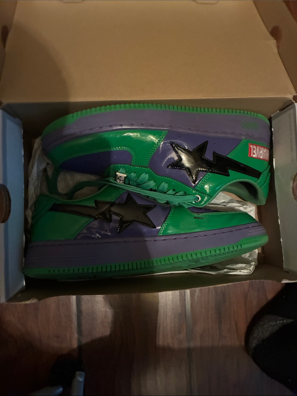 Bape Green and Purple Leather Sneakers with Black Star